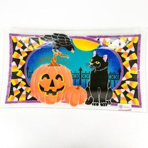 Peggy Karr Fused Art Glass Halloween Black Cat Crow Pumpkin Rectangular Plate